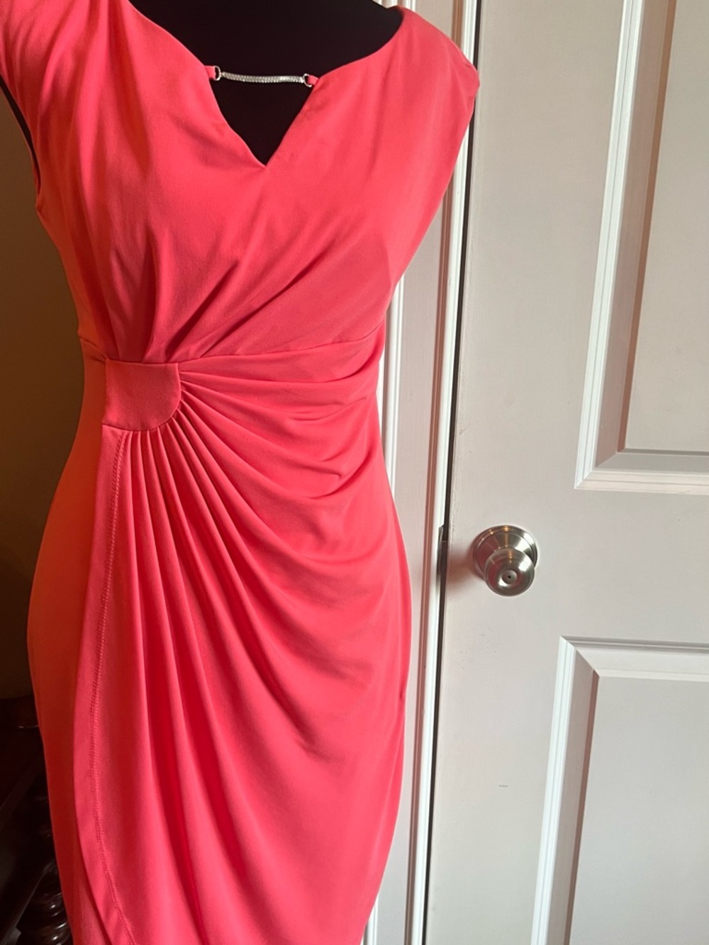 Connected Apparel Coral Pink Ruched Midi Dress with Decorative Neck Bar